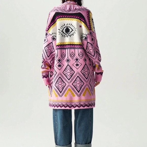 Multicolor Casual Women's Loose Geometric Pattern Fringe Trim Cardigan - Picture 2 of 4